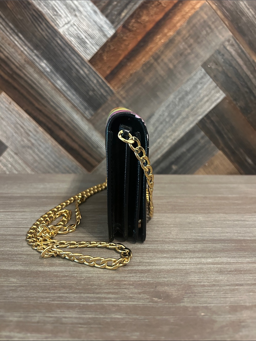 Prada Black Saffiano Printed Faces Leather Chain Clutch - Picture 4 of 8